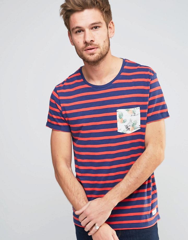Esprit Stripe T-shirt With Tropical Pocket - Navy