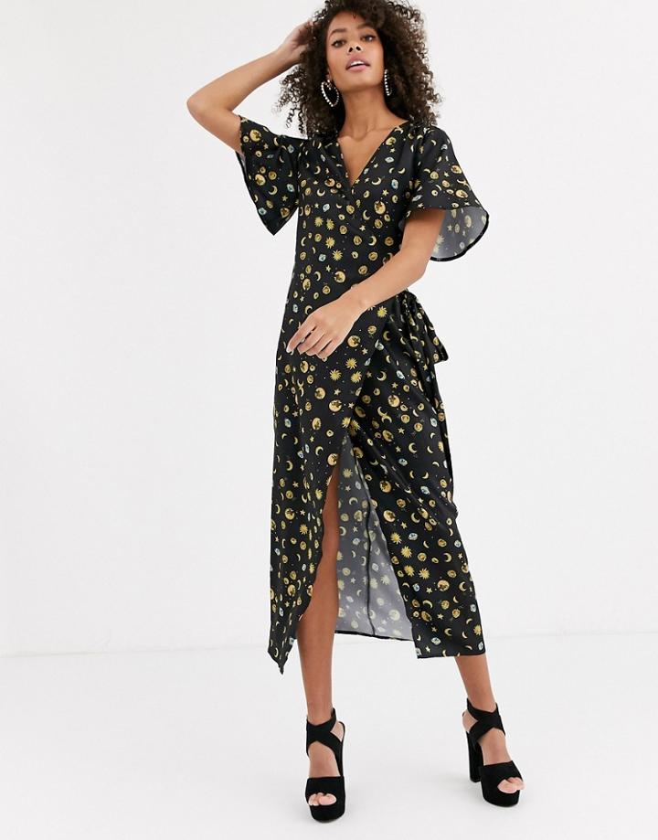 Never Fully Dressed Wrap Midi Dress In Moon Print