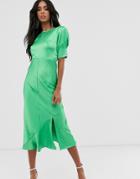 Asos Design Bias Midi Dress With Puff Sleeves In Satin-green