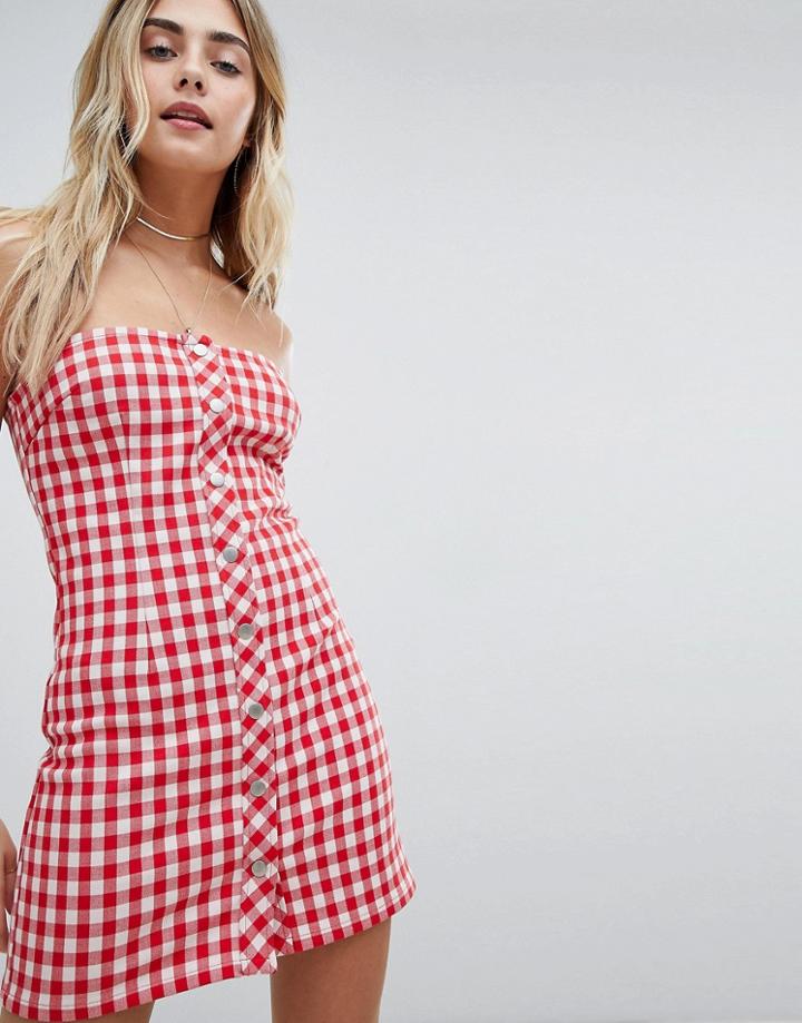 Honey Punch Bandeau Dress With Button Front In Check - Red