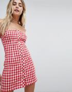 Honey Punch Bandeau Dress With Button Front In Check - Red