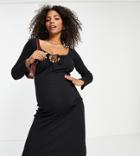Missguided Maternity Ribbed Midi Dress With Tie Detail In Black