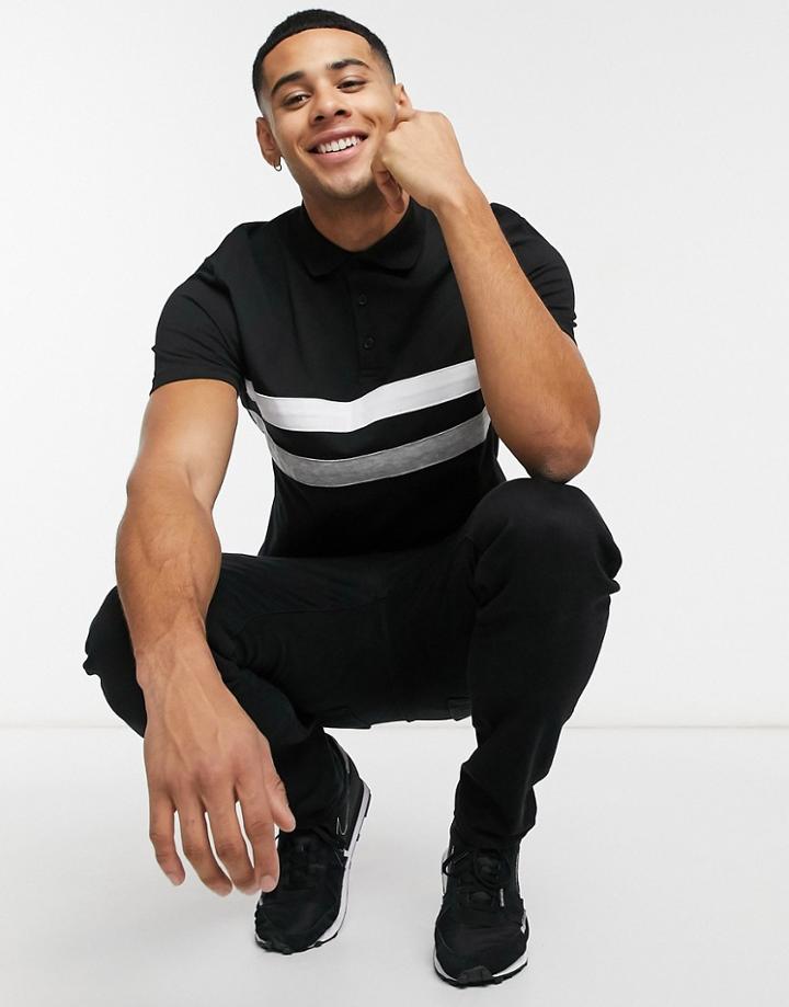 Asos Design Polo T-shirt In Black With Contrast Panels