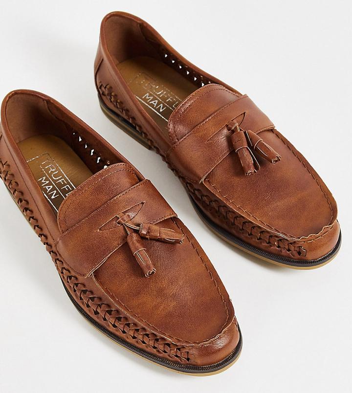Truffle Collection Wide Fit Faux Leather Woven Tassel Loafers In Tan-brown