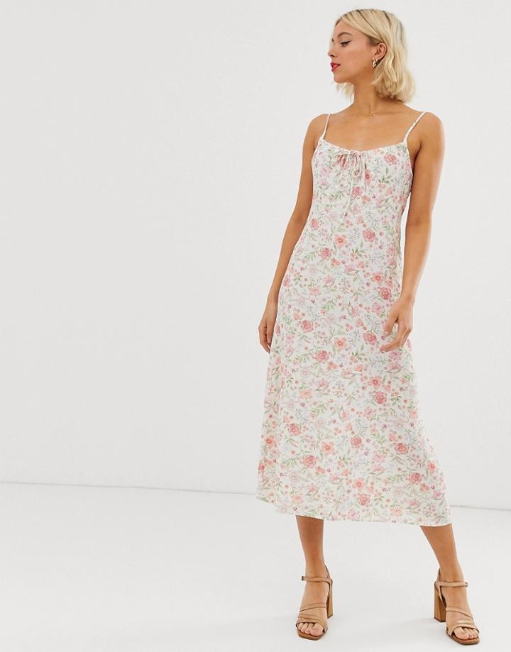 New Look Gather Front Strappy Midi Dress In White Floral Print - White