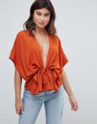Asos Design Kimono Top With Drawstring - Orange