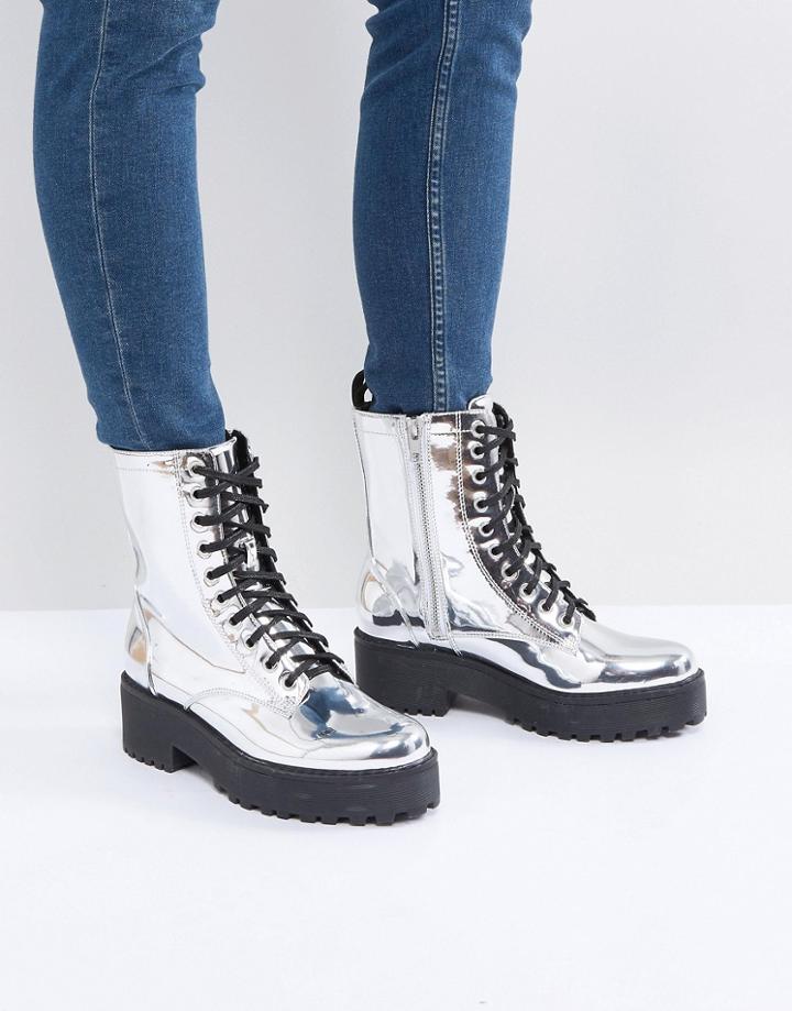Monki Metallic Lace Up Biker Boot - Silver