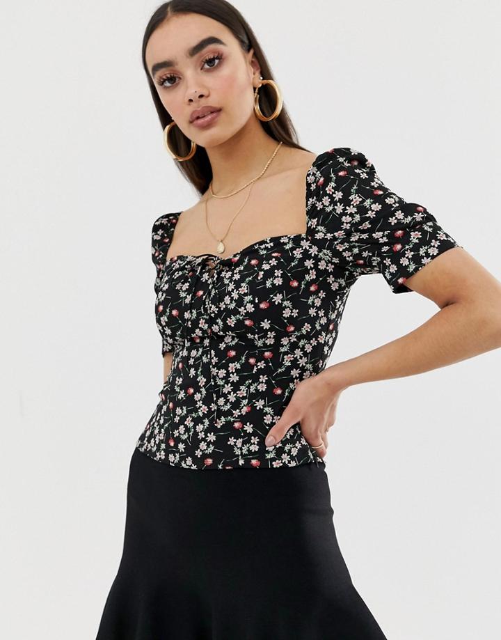 Fashion Union Square Neck Blouse In Floral - Black
