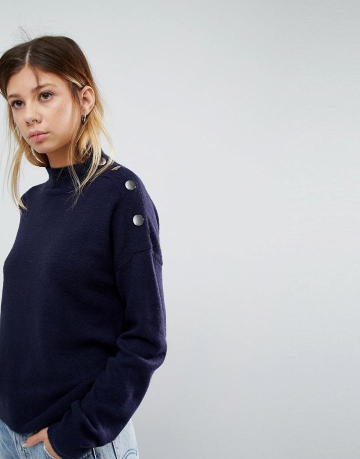 Asos Sweater With High Neck And Button Detail - Navy