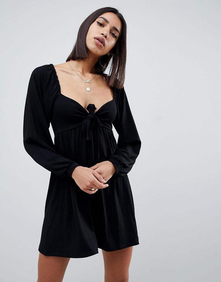 Asos Design Mini Dress With Sweetheart Neck And Tie Front-black