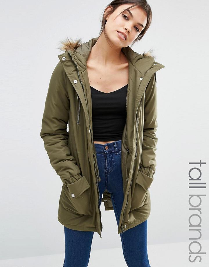 Noisy May Tall Parka Jacket With Faux Fur Trim Hood - Green