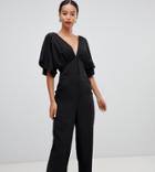 Asos Design Tall Tea Jumpsuit With Kimono Sleeve And Button Detail-black