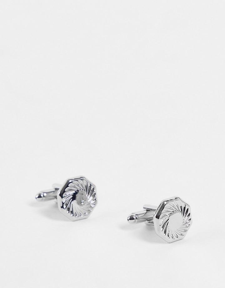 Asos Design Hexagon Cufflinks With Line Detail In Silver Tone