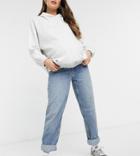 Asos Design Maternity High Rise 'slouchy' Mom Jeans In Authentic Midwash With Elasticized Side Waistband-blue