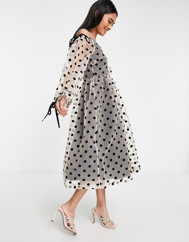 Lost Ink Midi Dress In Dot Organza Overlay With Off-shoulder Detail-black