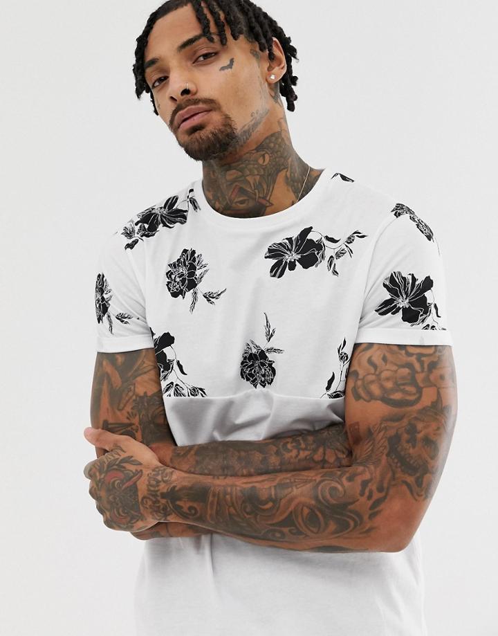 Asos Design T-shirt With Floral Yoke Print With Rolled Sleeves - White