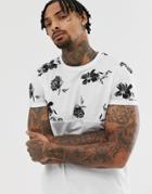 Asos Design T-shirt With Floral Yoke Print With Rolled Sleeves - White
