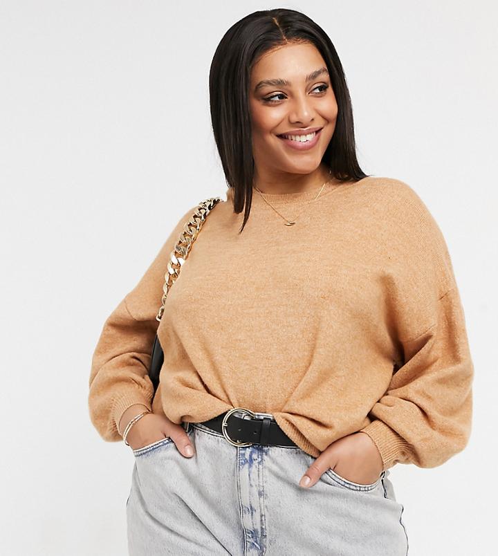 Asos Design Curve Oversized Fine Crewneck Sweater In Camel-neutral