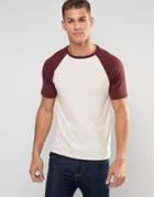 Asos Muscle T-shirt With Contrast Raglan Sleeves In Off White And Oxblood