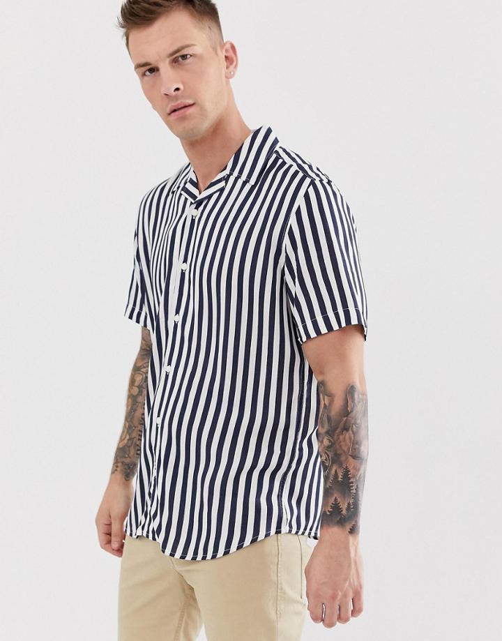 Only & Sons Navy Stripe Revere Collar Shirt In Regular Fit