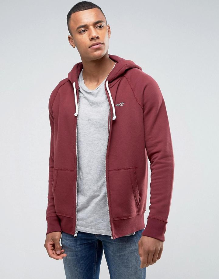 Hollister Zip Through Hoodie Regular Fit Seagull Logo In Burgundy Marl - Red