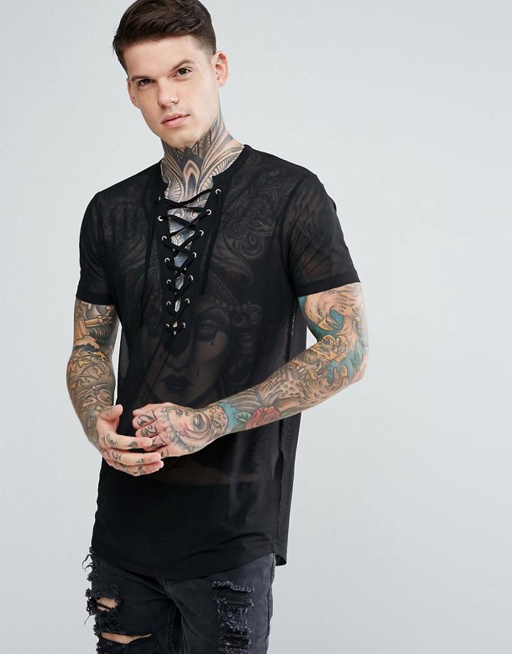 Asos Longline T-shirt With Deep Lace Up Neck And Curve Hem In Micro Mesh - Black