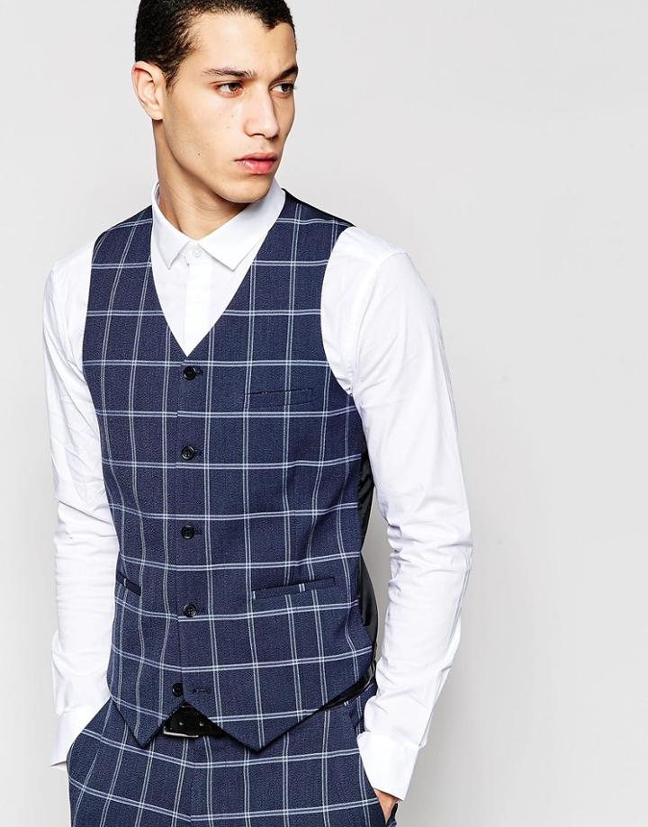 Asos Super Skinny Vest In Check In Navy - Navy