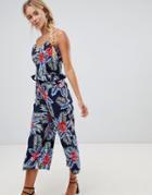 Qed London Tropical Print Jumpsuit - Navy