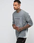 Asos Oversized Long Sleeve T-shirt With Woven Pocket And Acid Wash - Blue