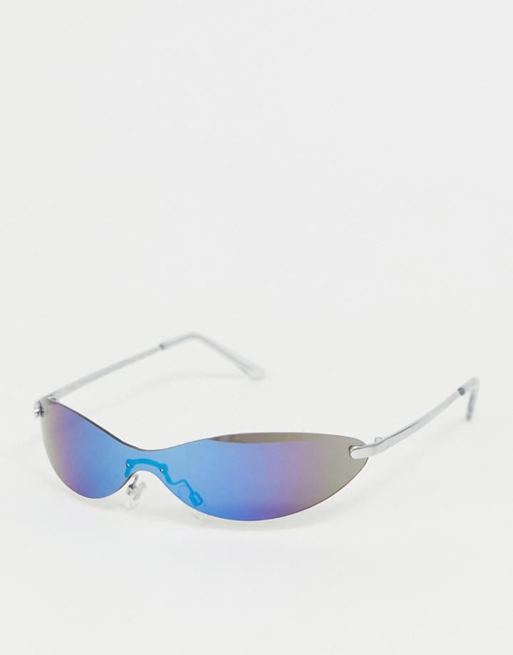 Asos Design Skinny Visor Cat Eye Fashion Glasses In Blue Flash Lens - Silver