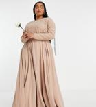 Asos Design Curve Bridesmaid Maxi Dress With Long Sleeve In Pearl And Beaded Embellishment With Tulle Skirt-pink