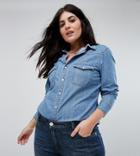 Asos Curve Denim Fitted Western Shirt In Midwash Blue - Blue