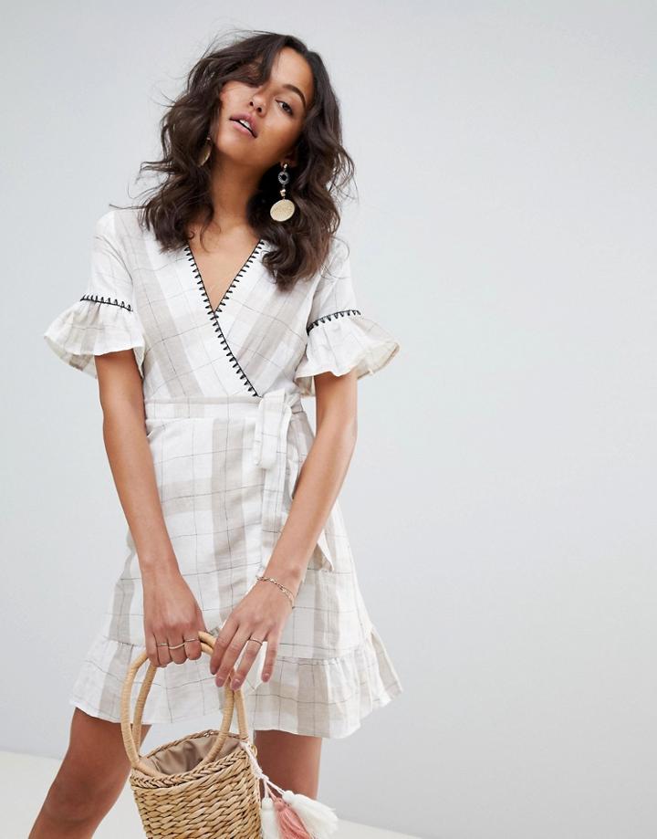 Moon River Ruffle Plaid Mini Dress - White