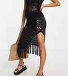 Asos Design Petite Crochet Midi Skirt With Side Split And Fringe Hem In Black - Part Of A Set