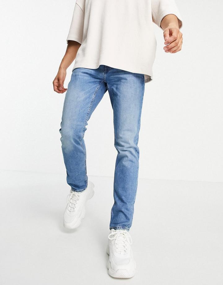 Pull & Bear Slim Jeans In Mid Wash Blue-blues