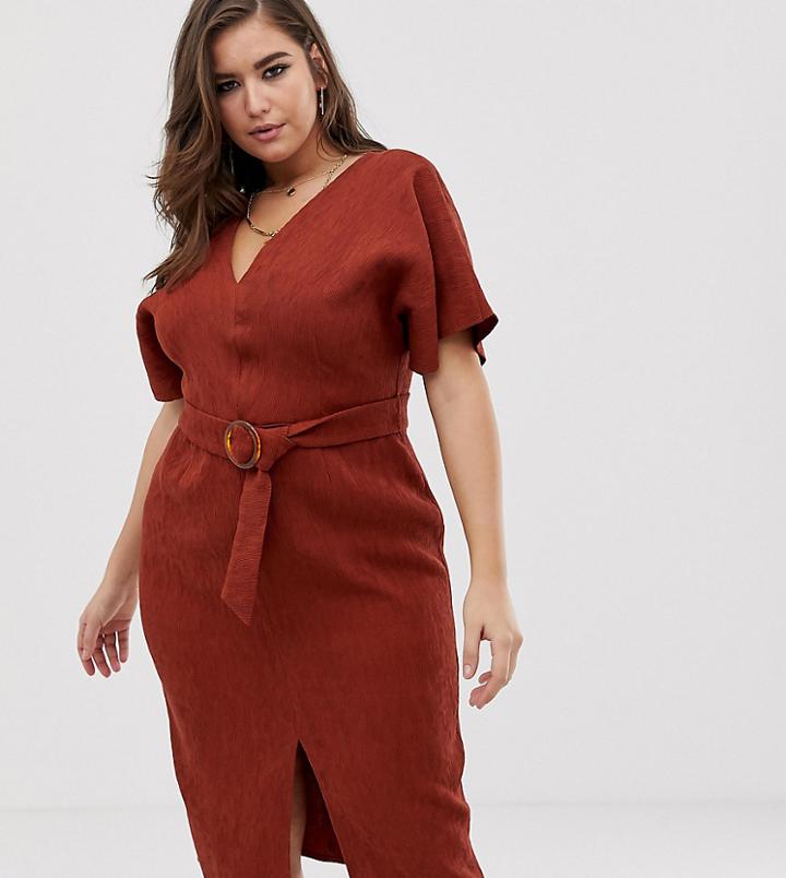 Asos Design Curve Kimono Sleeve Midi Dress With Faux Tortoiseshell Buckle-orange