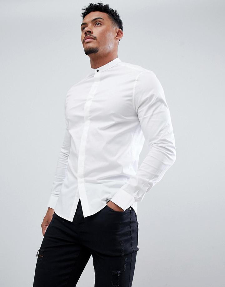 Asos Design Skinny Shirt With Grandad Collar And Popper In White - White