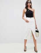 Asos Design Denim Midi Skirt With Split Front In Off White - White