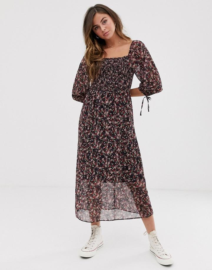 New Look Shirred Square Neck Midi Dress In Ditsy Floral Print - Multi