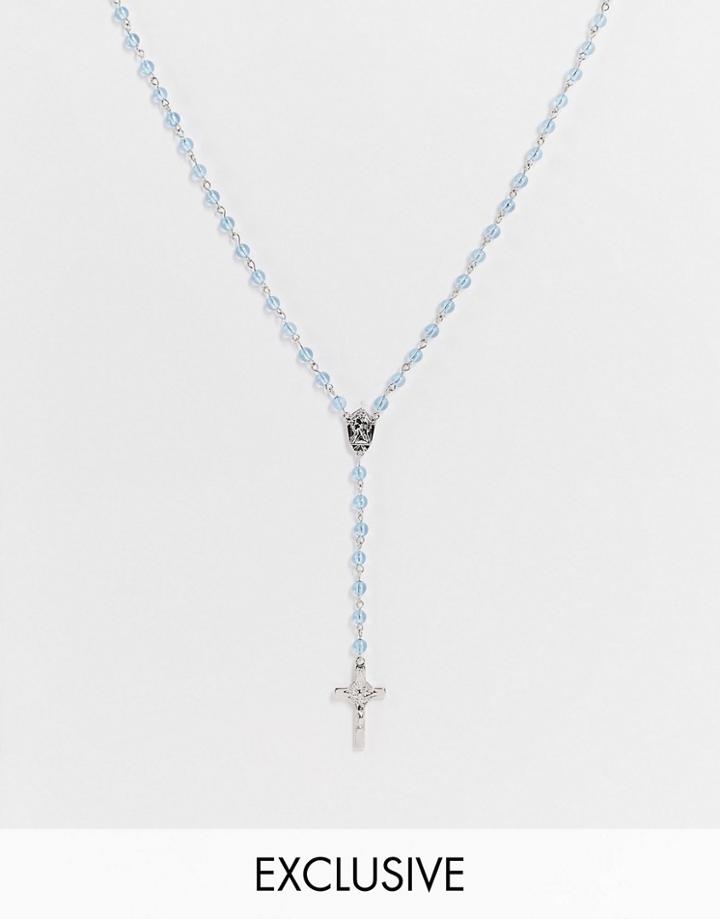 Reclaimed Vintage Inspired Unisex Rosary Necklace With Cross In Blue Bead And Silver