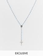 Reclaimed Vintage Inspired Unisex Rosary Necklace With Cross In Blue Bead And Silver