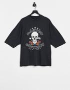 Asos Design Oversized T-shirt In Black Acid Wash With Rose & Skull Print