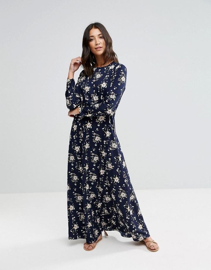 Liquorish Floral Long-sleeve Maxi Dress - Navy
