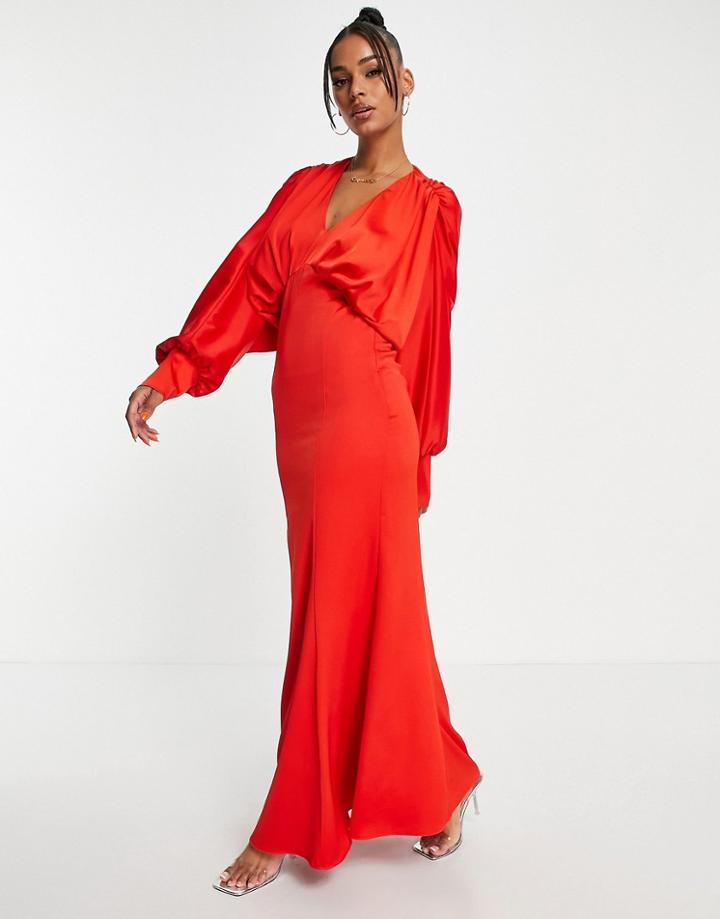 Vl The Label Draped Long Sleeve Maxi Dress In Red