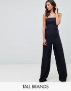 Fashion Union Tall Strapless Wide Leg Jumpsuit With Lattice Tie Sides - Navy