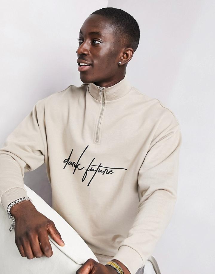 Asos Dark Future Oversized Half Zip Sweatshirt In Brown With Logo Print - Part Of A Set