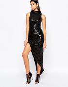 Club L Premium Sequin High Neck Ruched Side Dress - Black