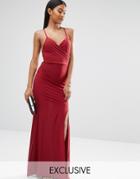 Club L Slinky Wrap Over Maxi Dress With Cross Back - Burgundy
