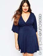 Asos Curve Kimono Soft Skater Dress With Belt - Navy