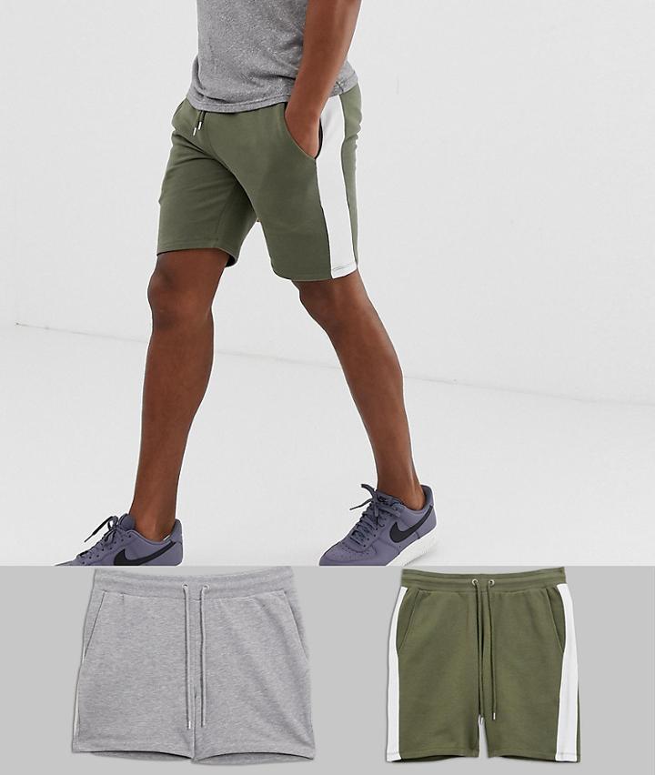Asos Design Jersey Skinny Shorts 2 Pack With Side Stripe In Khaki And Gray Marl-multi